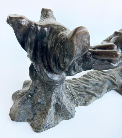 Vintage Sculptural Spelter Nude Coffee Table with Bronze Patina and Glass Top