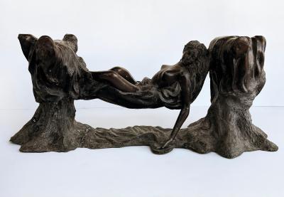 Vintage Sculptural Spelter Nude Coffee Table with Bronze Patina and Glass Top