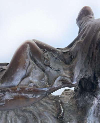 Vintage Sculptural Spelter Nude Coffee Table with Bronze Patina and Glass Top