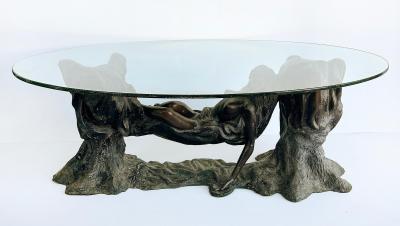 Vintage Sculptural Spelter Nude Coffee Table with Bronze Patina and Glass Top