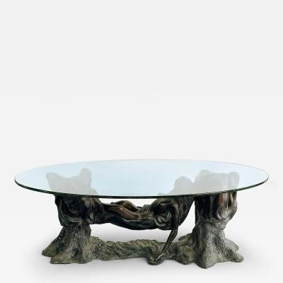 Vintage Sculptural Spelter Nude Coffee Table with Bronze Patina and Glass Top