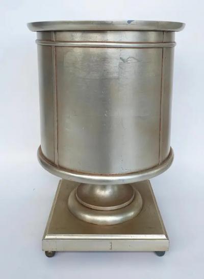 Vintage Silver and Gold Leaf Pedestal Side Table with One Door and Open Storage