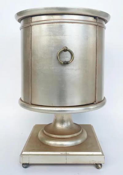 Vintage Silver and Gold Leaf Pedestal Side Table with One Door and Open Storage
