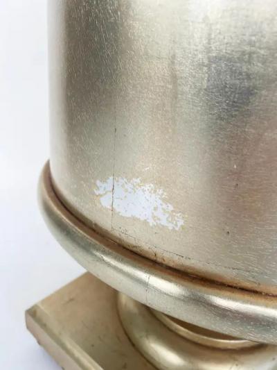 Vintage Silver and Gold Leaf Pedestal Side Table with One Door and Open Storage