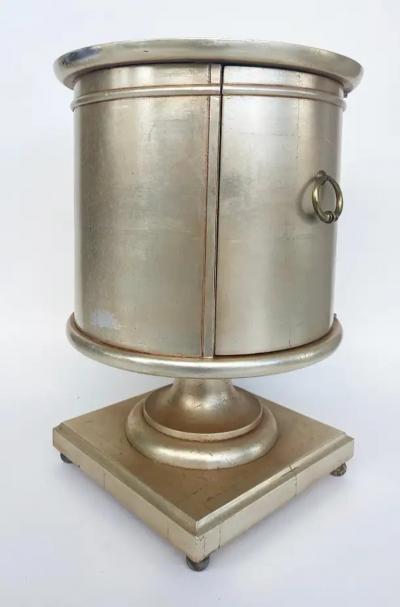 Vintage Silver and Gold Leaf Pedestal Side Table with One Door and Open Storage