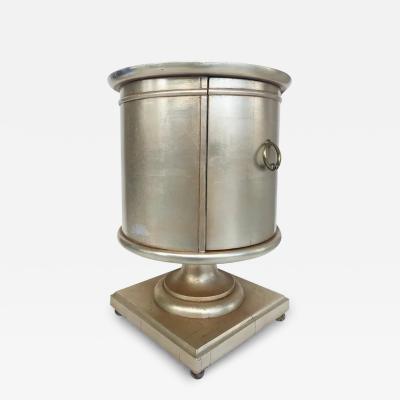 Vintage Silver and Gold Leaf Pedestal Side Table with One Door and Open Storage