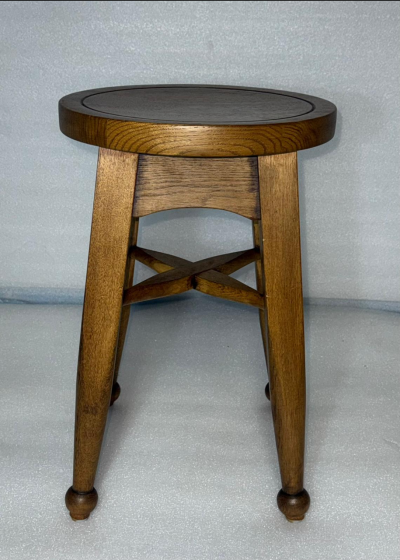 Vintage Solid Oak Round Stool with Turned Feet Early 20th Century