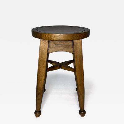 Vintage Solid Oak Round Stool with Turned Feet Early 20th Century