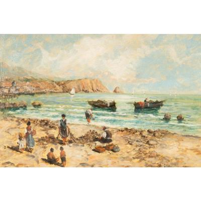 Vintage Spaggia Grande Beach Scene Italian Seascape Oil Painting