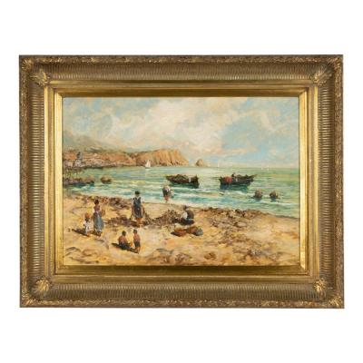 Vintage Spaggia Grande Beach Scene Italian Seascape Oil Painting