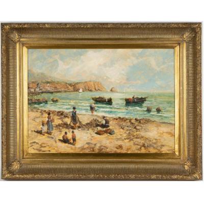 Vintage Spaggia Grande Beach Scene Italian Seascape Oil Painting