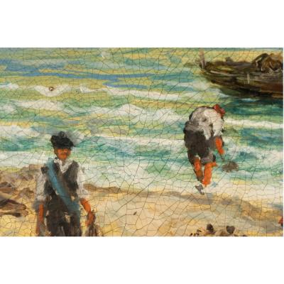 Vintage Spaggia Grande Beach Scene Italian Seascape Oil Painting