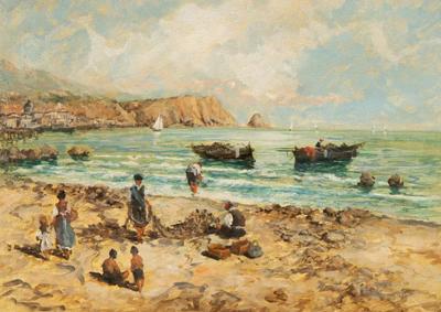 Vintage Spaggia Grande Beach Scene Italian Seascape Oil Painting
