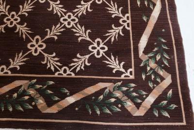 Vintage Spanish Chocolate Brown and Ivory Handwoven Wool Carpet