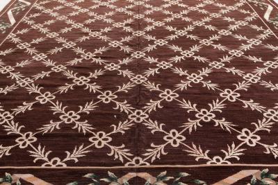 Vintage Spanish Chocolate Brown and Ivory Handwoven Wool Carpet