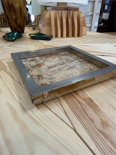 Vintage Square Tray with Cork Inlay and Metal Frame