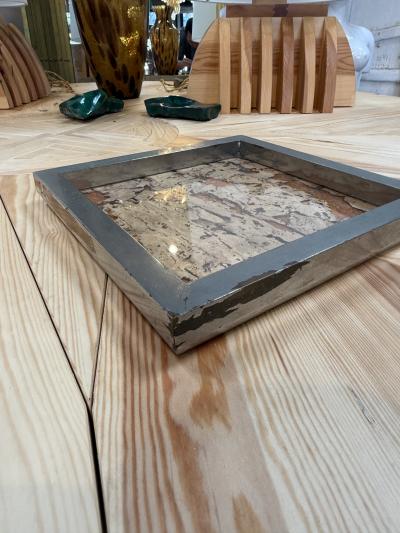 Vintage Square Tray with Cork Inlay and Metal Frame
