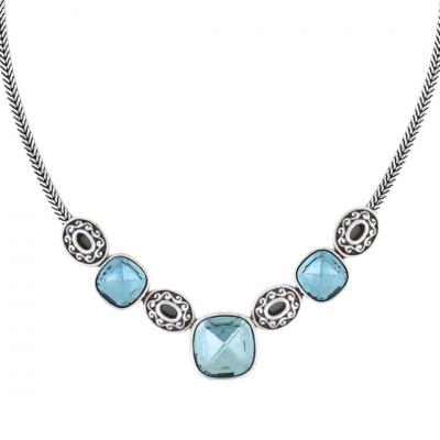 Vintage Sterling Silver Blue Cut Glass Necklace