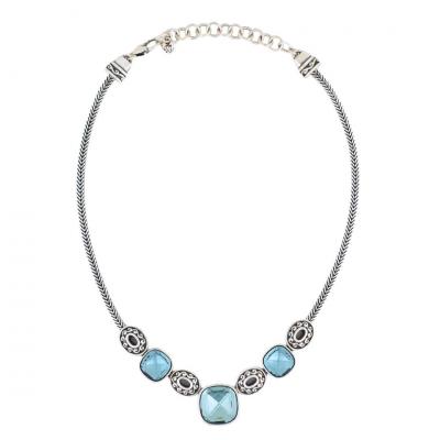 Vintage Sterling Silver Blue Cut Glass Necklace