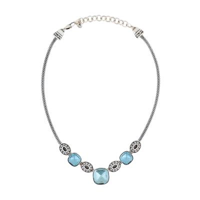 Vintage Sterling Silver Blue Cut Glass Necklace