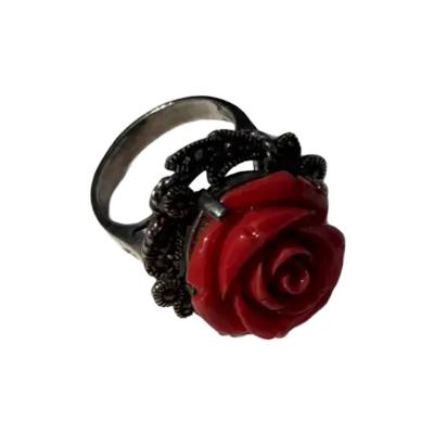 Dyed Red Coral Flower Design Ring Antiqued Sterling Silver