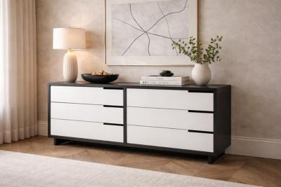 Vintage Style 6 Drawer Credenza With White Accented Drawers