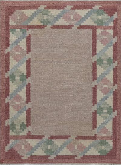 Vintage Swedish Beige Green Pink Flat Weave Rug