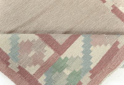 Vintage Swedish Beige Green Pink Flat Weave Rug