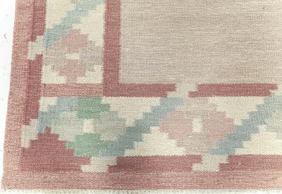 Vintage Swedish Beige Green Pink Flat Weave Rug