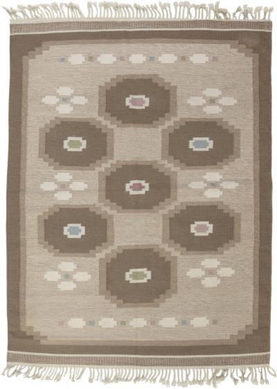 Vintage Swedish Geometric Off White Brown Baby Blue Pink Flat Weave Wool Rug