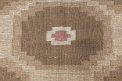 Vintage Swedish Geometric Off White Brown Baby Blue Pink Flat Weave Wool Rug
