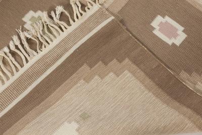 Vintage Swedish Geometric Off White Brown Baby Blue Pink Flat Weave Wool Rug