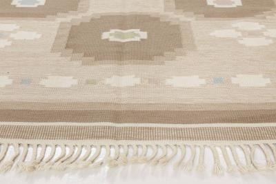 Vintage Swedish Geometric Off White Brown Baby Blue Pink Flat Weave Wool Rug