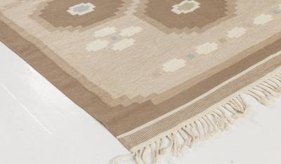 Vintage Swedish Geometric Off White Brown Baby Blue Pink Flat Weave Wool Rug