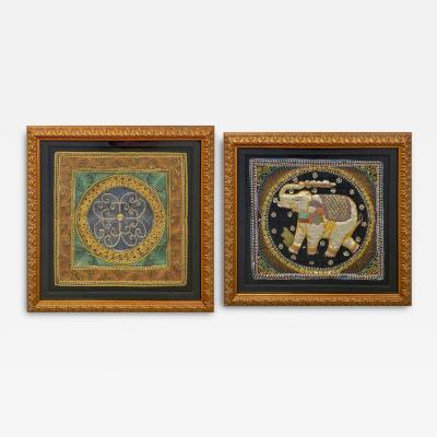 Vintage Thai Burmese Kalaga Embroidery Framed Set of 2 Pcs