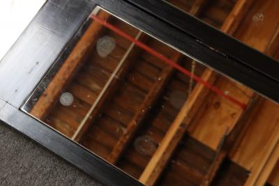 Vintage Three Panel Ebonized Shutter Form Mirrored Room Divider or Screen