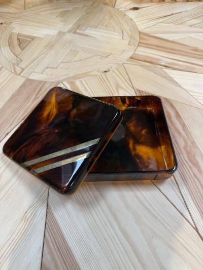 Vintage Tortoiseshell Lucite Box with Brass Stripe Accent