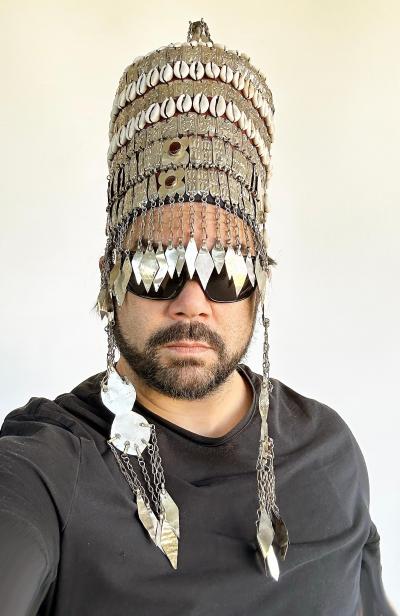 Vintage Turkman Bridal Ceremonial Headdress Heavily Adorned on Stand