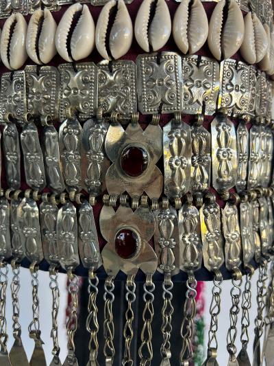 Vintage Turkman Bridal Ceremonial Headdress Heavily Adorned on Stand