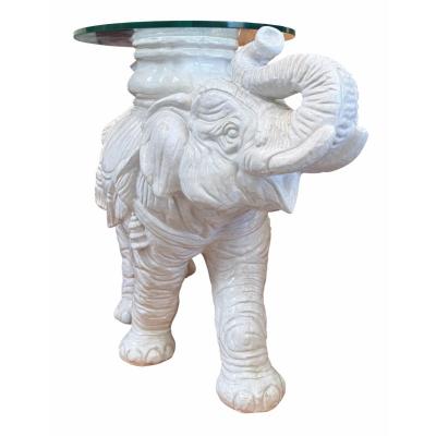 Vintage White Majolica Pottery Glass Top Elephant Side Table