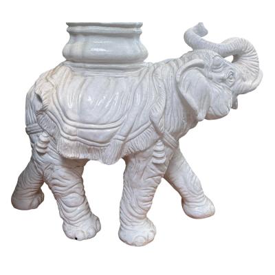Vintage White Majolica Pottery Glass Top Elephant Side Table