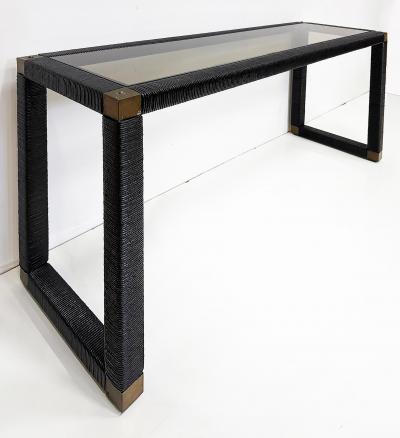 Vintage Wrapped Lacquered Cord Console Table Inset Glass Top Brass Accents