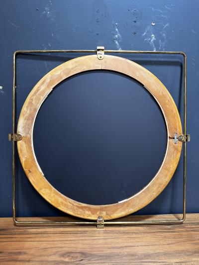 Vintage and Unique Brass Square and Wood Wall Mirror 1980s