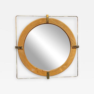 Vintage and Unique Brass Square and Wood Wall Mirror 1980s
