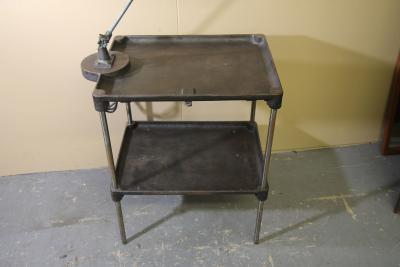 Vintage metal industrial work table with OC white lamp attached