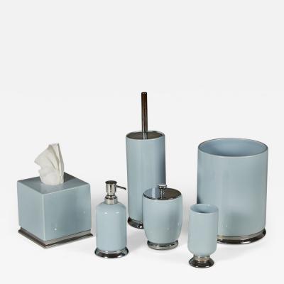 Vintage six piece US blue ceramic and chrome bathroom set