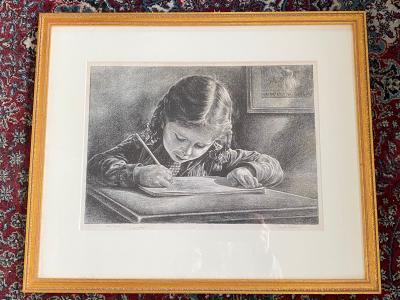 Virgil Finlay GIRL WRITING IN BOOK LITHOGRAPH BY VIRGIL FINLAY