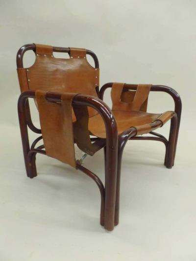 Vittorio Bonacina Pair of Italian Mid Century Modern Rattan and Leather Lounge Chairs by Bonacina
