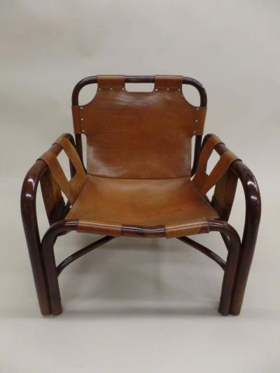 Vittorio Bonacina Pair of Italian Mid Century Modern Rattan and Leather Lounge Chairs by Bonacina