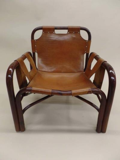 Vittorio Bonacina Pair of Italian Mid Century Modern Rattan and Leather Lounge Chairs by Bonacina